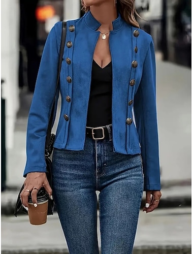  Dámské Neformální bunda Pohodlné Prodyšné Knoflíky Na běžné nošení Bez vzoru Dovolená ulice Denní nošení Jdeme ven Dvouřadé Krátké Stojáček Běžný Dlouhý rukáv Svrchní oděvy Vodní modrá Černá Bílá