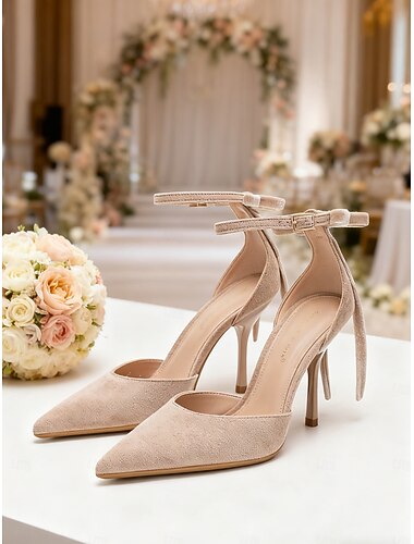  Nude suède enkellaarsjes met strik voor dames – elegante stiletto pumps met puntige neus voor bruiloften binnenshuis, bruiloftsgasten en formele feestschoenen