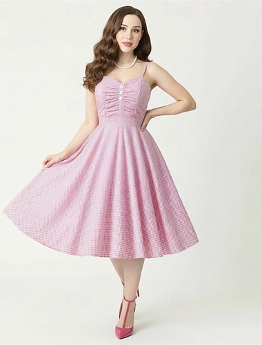  רטרו\וינטאג' שנות ה-50 הפבורן צָהֳרַיִים שמלות שמלת קו שמלת התלקחות כתפיות ספגטי משובץ צמוד ומתרחב תחפושות בגדי ריקוד נשים קרנבל חג האהבה קזו'אל סיום לימודים מסיבת נושא רטרו מבוגרים שמלה קיץ אביב