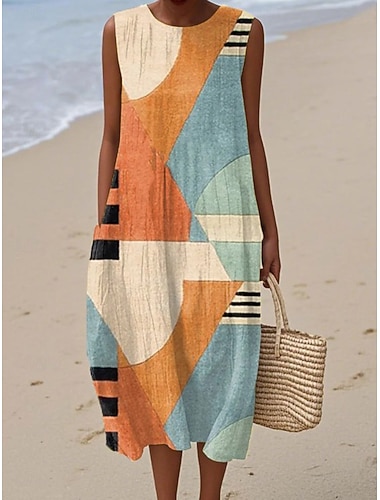  Robe midi en lin pour femmes robe de soleil robe à shift robe trapèze vacances décontractées boho plage sortie coupe ample graphique géométrique abstrait sans manches col rond orange clair été