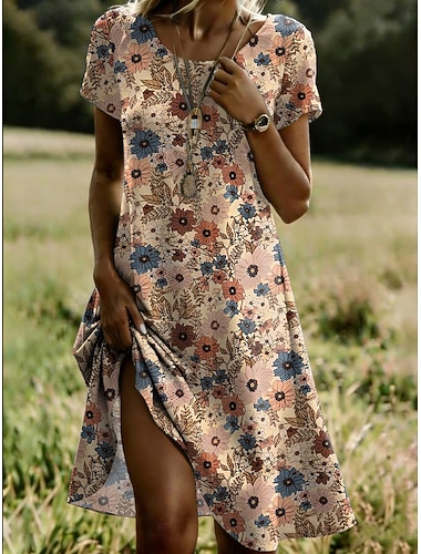  Damen Midikleid Sommerkleid T-Shirt-Kleid A Linie Kleid Urlaub Lässig Täglich Ferien Ausgehen Normale Passform Blumen Grafik Kurzarm Rundhalsausschnitt Blau Fuchsie Orange Grün Sommer Frühling