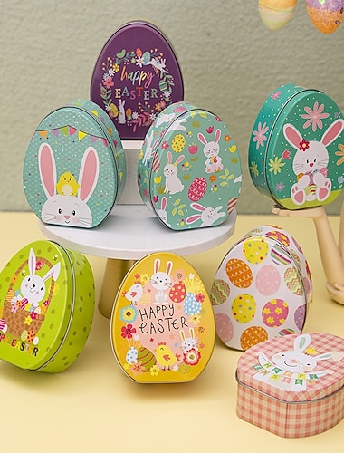  Caixa de lata em formato de ovo de coelho da Páscoa (1 unidade), recipiente para doces para presente infantil, estojo de metal fofo para guloseimas, lembrancinha de festa de Páscoa, caixa para guardar