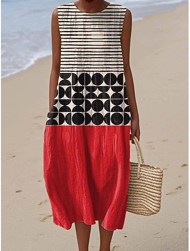  Womenské midi šaty jako sundress šaty A střihu dovolená volnočasové boho plážové víkendové nošení volný střih grafické geometrické bez rukávů kulatý výstřih modrá červená hnědá zelená léto jaro