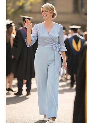  Combinaisons Longueur au sol Combinaison Robe de Mère de Mariée  Demi Manches Col en V Élégant Formel robe demoiselle d honneur Remise des Diplômes Satin Crêpe Extensible avec Noeud(s)