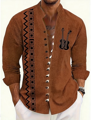  Herre Geometrisk mønster Gitar Musikkinstrument Skjorte Skjorte med stativ krage Langermet Vintage retro Avslappet Feriereise Vår Høst Kinesisk Krave Båndkrage Knapp ned Lin som skjorte Blå Oransje