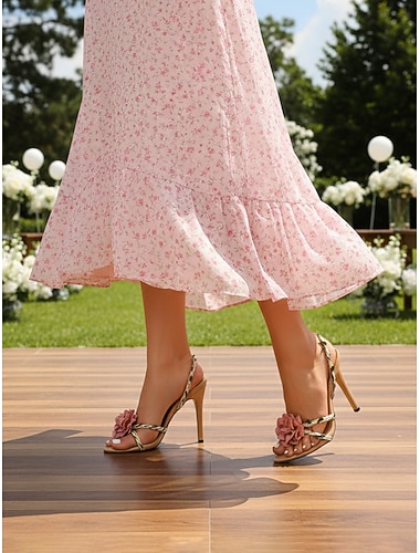  Dames sandalen met hoge hak en bandjes, versierd met bloemen - elegante, door de tuin geïnspireerde gastschoenen voor bruiloften op het gazon in de buitenlucht