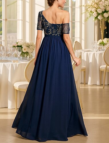  فستان رسمي بطول الأرض على شكل A فستان سهرة فستان والدة العروس بأكمام قصيرة كتف واحد أنيق فينتاج فاخر مع تطريز دانتيل