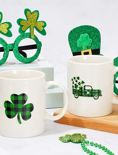  St. Patrick's Day Tasse, 350 ml, kariert, Kleeblatt-Motiv, irische Keramik, passende Tassen, Partybecher für Zuhause, Schule, Büro, Tischdekoration, Einzugsgeschenk