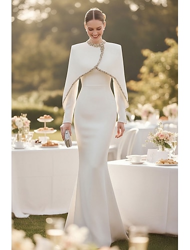 A-Linje Gulvlengde Formell Kjole Kveldsdrakt Kveldsdrakt Elegant Vintage Langermet Høy Hals Bryllup Formell med Krystaller Perling