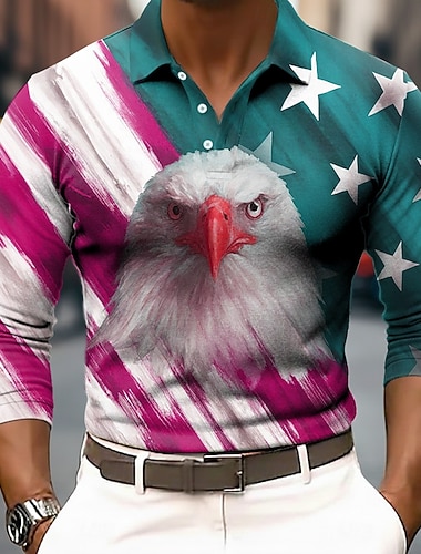  4 juli 2026 250e Voor heren Amerikaanse Amerikaanse vlag Adelaar Polo Lange mouw Poloshirt Revers Casual Buiten Sportkleding Alledaagse kleding 3D-afdrukken Knop Lente Herfst Winter blauw Groen