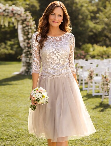  A-linje Knelengde Festkjole Cocktail Kjole Gjestekjole til bryllup Kjole til brudens mor 3/4 ermer Besmykket Elegant Gjennomsiktig Bryllupsgjest Chiffon Blonder Tyll med Plissert Appliqué
