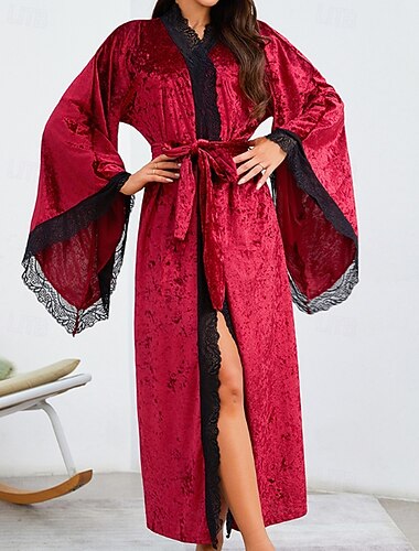  Per donna Accappatoio Casual Morbido Raso Colore Puro Pizzo Patchwork Quotidiano Casa Da letto Manica Lunga Scollo a V Nero Bianco Vino Estate Primavera Vestibilità comoda