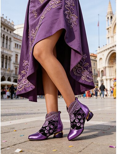 Bottes à chevilles en satin brodé violet pour femmes escarpins de fête de carnaval vintage