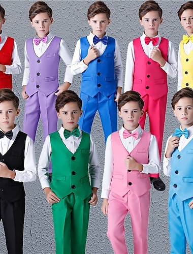  Completo da fedi nuziali per bambini, 4 pezzi & camicia  &pantaloni da ragazzo, abito formale, casual, da esterno, da festa, alla moda, cool, basic, tinta unita, blu, nero, bianco, nylon