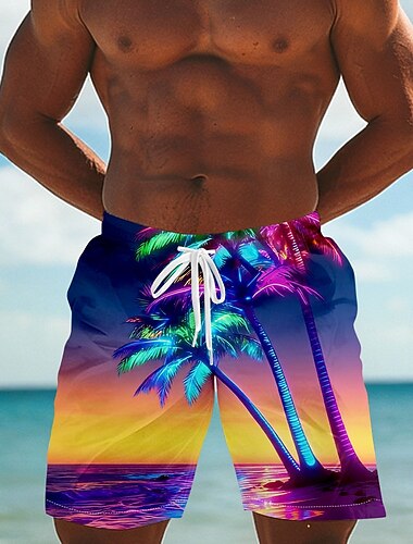  Férfi Kókuszfa Trópusi növények Neonfény Úszónadrágok Deszkás short Közepes csípő Utcai sikk Hawaii Vakáció Oldalzsebek Hálós bélés Elasztikus húzózsinóros derékrész Tervező Ruházat