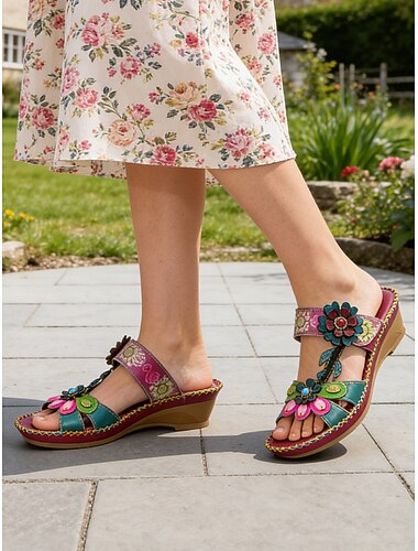  Paarse damessandalen met sleehak van echt leer met bloemenprint | Zachte, comfortabele sandalen met open teen voor wandelen, tuinfeestjes en casual dagelijks gebruik