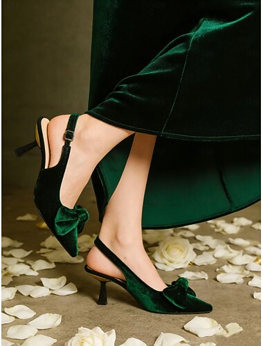  Blauwe fluwelen slingbackhakken met puntige neus en strik voor dames – elegante hoge hakken voor formele evenementen en feesten