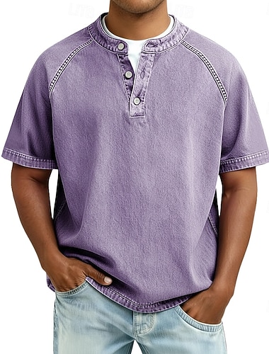  Herren T Shirt Henley Hemd Hemd aus 100 % Baumwolle in Säurewaschung T-Shirt Kurzarm Einfach Vintage Streetwear Lässig Gewaschen Raglanärmel Stehkragen Henley Lässig Heim Straße Frühling Herbst