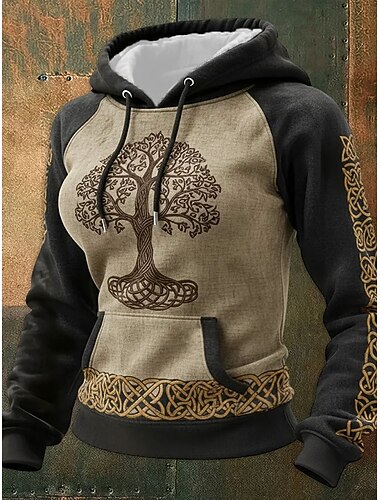  Dame Pullover hettegenser-genser Grafisk Geometrisk Fritid Langermet Med hette Vanlige topper Avslappet Hverdag Sport Svart Kakifarget Beige Vår Høst