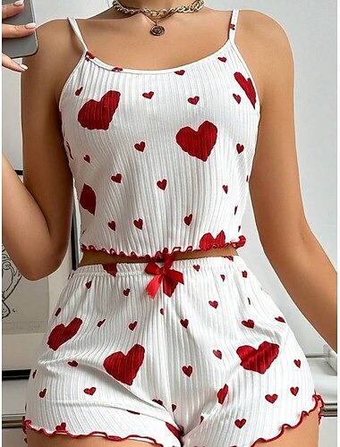  Damen Schlafanzug Set Lässig Komfort Herz Elastischer Bund Shorts Täglich Heim Ärmellos Rundhalsausschnitt Blau Schwarz Rosa Rote Sommer Frühling Normale Passform