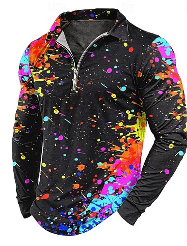  Homens Respingo de tinta Pólo Manga Longa Camisas polo Camisas de colarinho Lapela Casual Roupa Diária Impressão 3D Polo com fecho de correr de um quarto Primavera Outono Inverno Preto 1 Preto 2