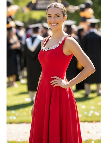  Linha A Longuette Vestidos de baile Elegante Festa Sem Manga Scoop pescoço Formal Reunião de Classe Bolsos Crepe Esticado com Miçangas