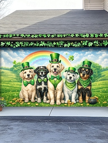  Garagentorabdeckung zum St. Patrick's Day, Welpen in Koboldkostümen, Kleeblätter &Regenbogenmotiv, festliche Außendekoration zur Feier des St. Patrick's Day.