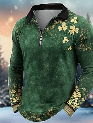  St. Patrick's Day Mannen Shamrock Marmer Polo Lange Mouw Omgekeerd Modern Vrijetijd Athleisure Casual Dagelijks Festival Rits 3D Print Lente Herfst Groen 1 Groen 2 Groen 3#