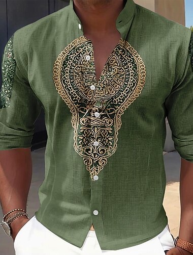  Per uomo Motivo Geometrico Etnico Camicia Camicia con Bottoni Camicia con colletto alla coreana Manica Lunga Vintage Retrò Quotidiano All'aperto Vacanza Primavera Autunno Collo alla coreana Colletto