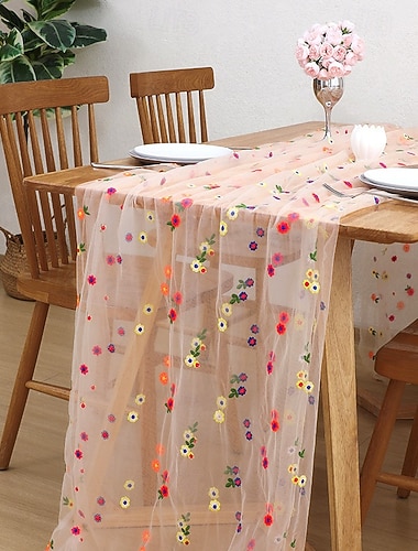  Chemin de table brodé à motifs de marguerites, nappe en dentelle transparente, broderie décorative à petits motifs floraux pour la table à manger, décoration intérieure élégante.