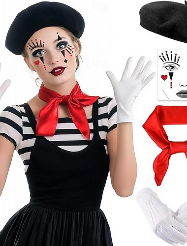  Finkostym Basker Mime-konstnär Mimclown cirkus Randig Vuxna Herr Dam Unisex Halloween Karnival Fest Prestanda Klä ut