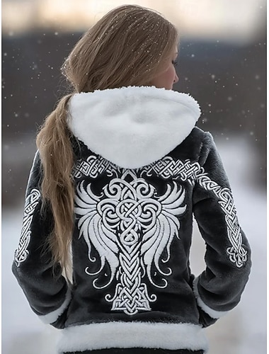  Dame Pullover hettegenser-genser Trykt mønster Lomme foran Grafisk Årgang Fritid Bohem Langermet Med hette Vanlige topper Avslappet Gate Hverdag Blå Svart Vår Høst Vinter