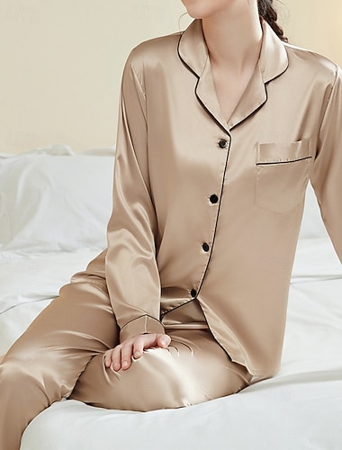  Dam Pyjamas Vardagsklädsel Pyjamas set Ledigt Mjukt Satin Ren färg Knappar Byxa Dagligen Hem Säng Långärmad Tröjkrage Blå Ljusrosa Svart Champagne Rodnande Rosa Sommar Vår Normal