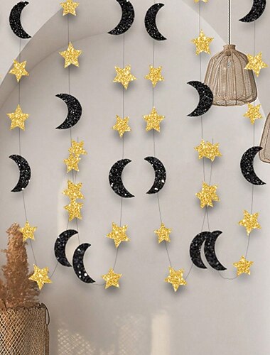  3 m lange glitzernde Mond- und Sternengirlande zum Ramadan-Eid, funkelndes Hängebanner für islamische Feste, Ramadan Mubarak Wanddekoration, Dekorationen für orientalische Feiertage