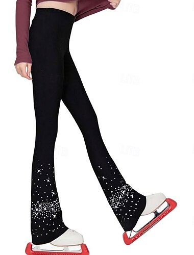  Kunstschaatsbroek voor dames en meisjes, zwarte, elastische trainingsbroek voor wedstrijden, thermisch warm, met kristallen/strasssteentjes voor kunstschaatsen.