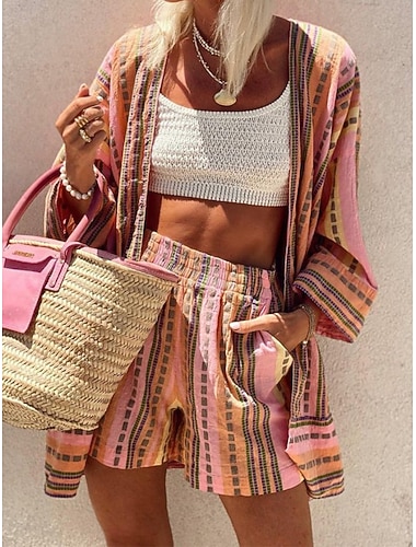  Dames Shorts Sets Lange mouw Overhemdkraag Gestreept Afdrukken Modieus Streetwear Dagelijks Casual Dagelijks Vakantie Blozend Roze Lente zomer Ruim Passend