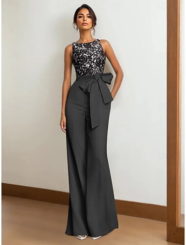  Tuta Madre della Sposa Abito Ospite di Matrimonio Tessuto Stretch Elegante Lunghi Senza Maniche