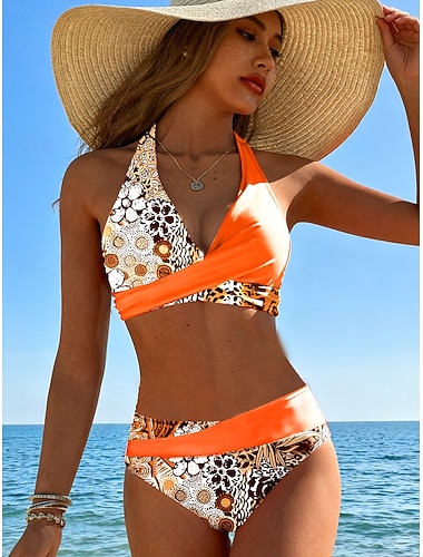  2-teiliger Damenbikini Badeanzug Frech Modisch Stilvolle Blumengrafik Ärmellos Badeanzüge