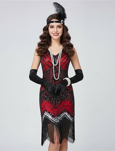  Sett De livlige 20-årene 1920-tallet Flapper kjole Cocktailkjole med tilbehør Den store Gatsby Flapper Girl Paljetter Dusk Duskfrynser Paljetter Kostyme Dame Fancy dress Nytt År Retro-temafest