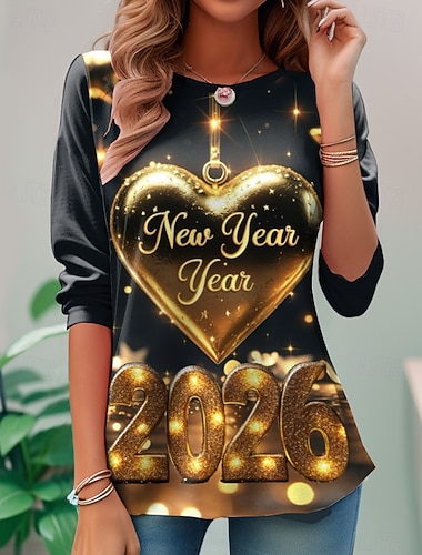  ראש השנה בגדי ריקוד נשים חולצה קצרה דפוס גראפי גיאומטרי וינטאג' מסוגנן קלסי שרוול ארוך צווארון עגול קצר חולצות רגילות יומי סוף שבוע שחור ורוד מסמיק זהב אביב סתיו חורף