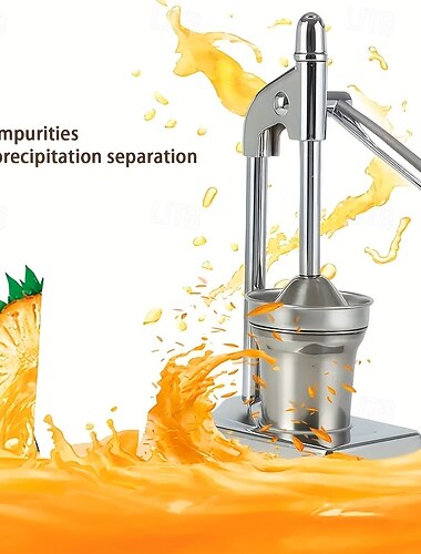  Een handmatige sapcentrifuge van roestvrij staal, ontworpen voor het persen van sap uit grote citrusvruchten zoals sinaasappels, grapefruits en citroenen. Deze sapcentrifuge is geschikt voor zowel