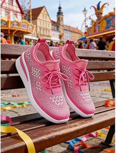 Vrouwen Mardi Gras Roze Sportieve Sneakers met Pailletten Detail – Stijlvolle Atletische Schoenen voor Carnaval Buitenplezier en Dagelijks Gebruik