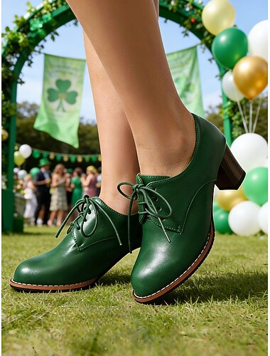  أحذية أكسفورد خضراء بكعب للنساء بمناسبة عيد القديس باتريك - أحذية رسمية كلاسيكية بكعب عريض برباط، مناسبة للحفلات والاستعراضات الاحتفالية
