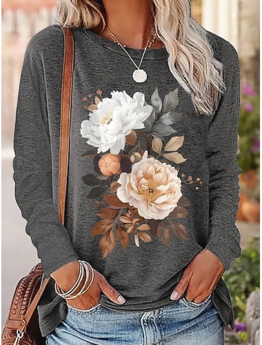  Damen T Shirt Druck Blumen Grafik Pflanzen Mode Stilvoll Klassisch Langarm Rundhalsausschnitt Rundhals Normale Oberteile Täglich Wochenende Grau Sommer Frühling Herbst