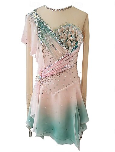  Robe de Patinage Artistique Femme Fille Patinage Robes Rose Trou de pouce Teinture Halo Haute élasticité Professionnel Compétition Tenue de Patinage Chaud Cristal / Stras manche longue Patinage sur