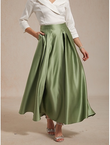  Damen Satinröcke Elegant Maxi Mittlere Taille Röcke Mikroelastisch Cocktailparty Hochzeitsgast moosgrün Sommer Satin