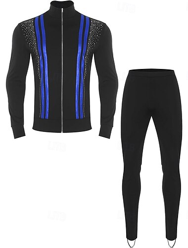  Eiskunstlaufjacke mit Hose, Herren- und Jungen-Eiskunstlaufbekleidung, schwarz, dehnbar, Trainings- und Wettkampfbekleidung, wärmend, mit Kristall-/Strasssteinen besetzt, langärmlig, für Eiskunstlauf