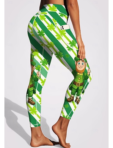  St Patrick Dam pilatesleggings Fitnessbyxor Gymleggings Fickor Stämpelskatt Sidfickor Pilates Gym Gymträning Byxor Trikåer Damasker Tecknat Färgblock Randig ljusgrön Grön sporter Sportkläder Elastisk