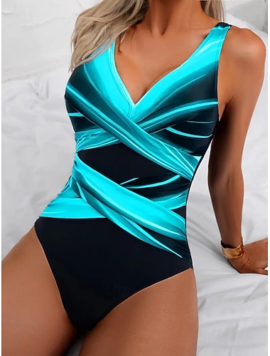  Damen Einteiler Schwimmbad Schlanklich Rüsch Monokini Bikini Bauchkontrolle Hohe Taille Slim Elegant Urlaub Ombre Grafik V-Ausschnitt Ärmellose Badeanzüge