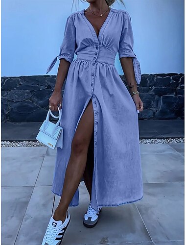  Dámské Džínové šaty Košilové šaty Maxi dlouhé šaty Kancelář Dovolená Džínovina Základní Moderní Do V Tlačítko Poloviční rukáv Léto Jaro Běžný Bez vzoru